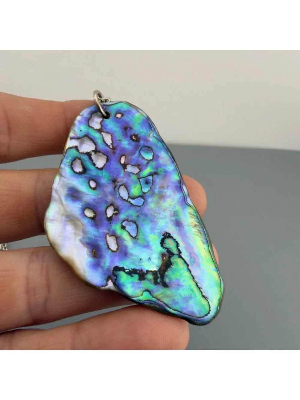 Natural Abalone Shell Pendant Necklace Silver Tone Chain Iridescent 24